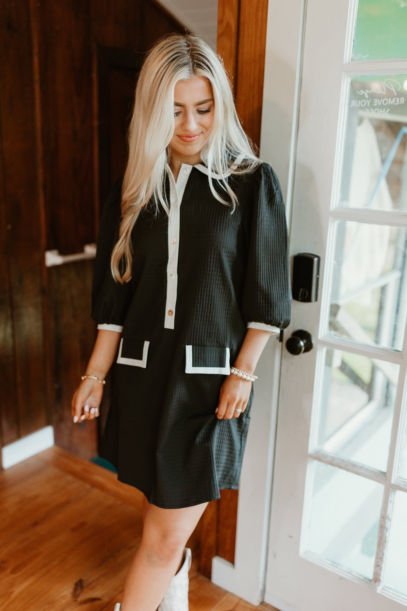 Black Cream Lined Textured Collared Pocket Dress