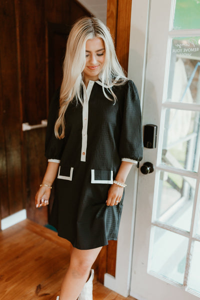 Black Cream Lined Textured Collared Pocket Dress