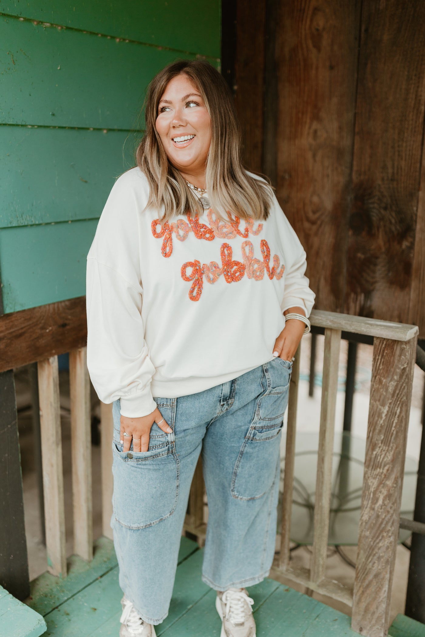 Cream Gobble Gobble Embroidered Sweatshirt