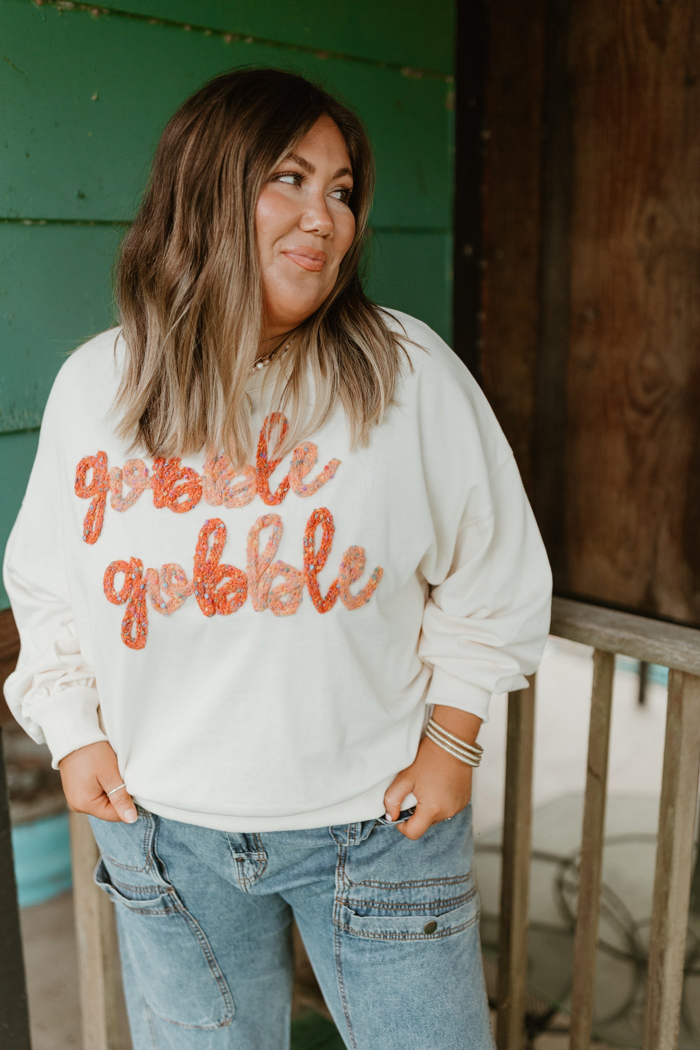 Cream Gobble Gobble Embroidered Sweatshirt