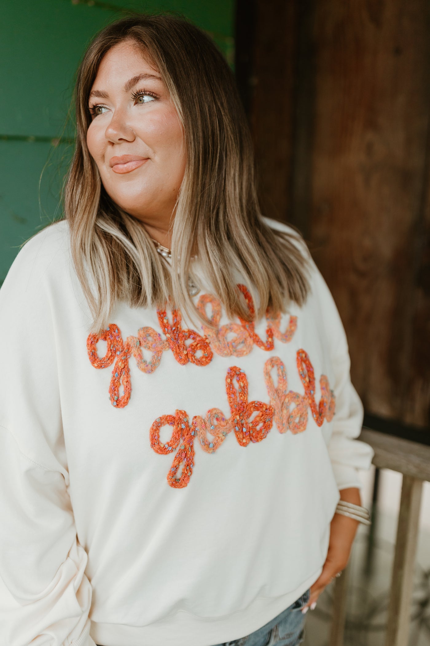 Cream Gobble Gobble Embroidered Sweatshirt