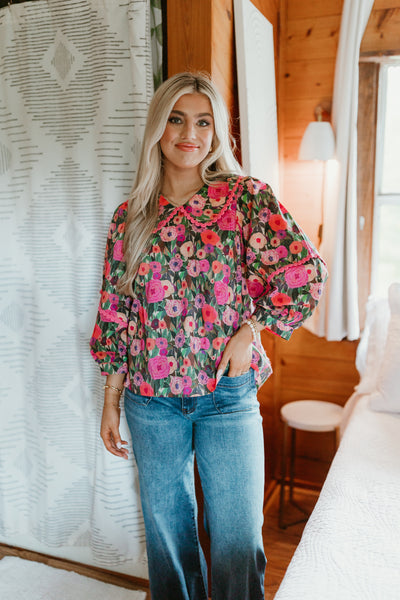 Pink Floral Oversized Collar Top