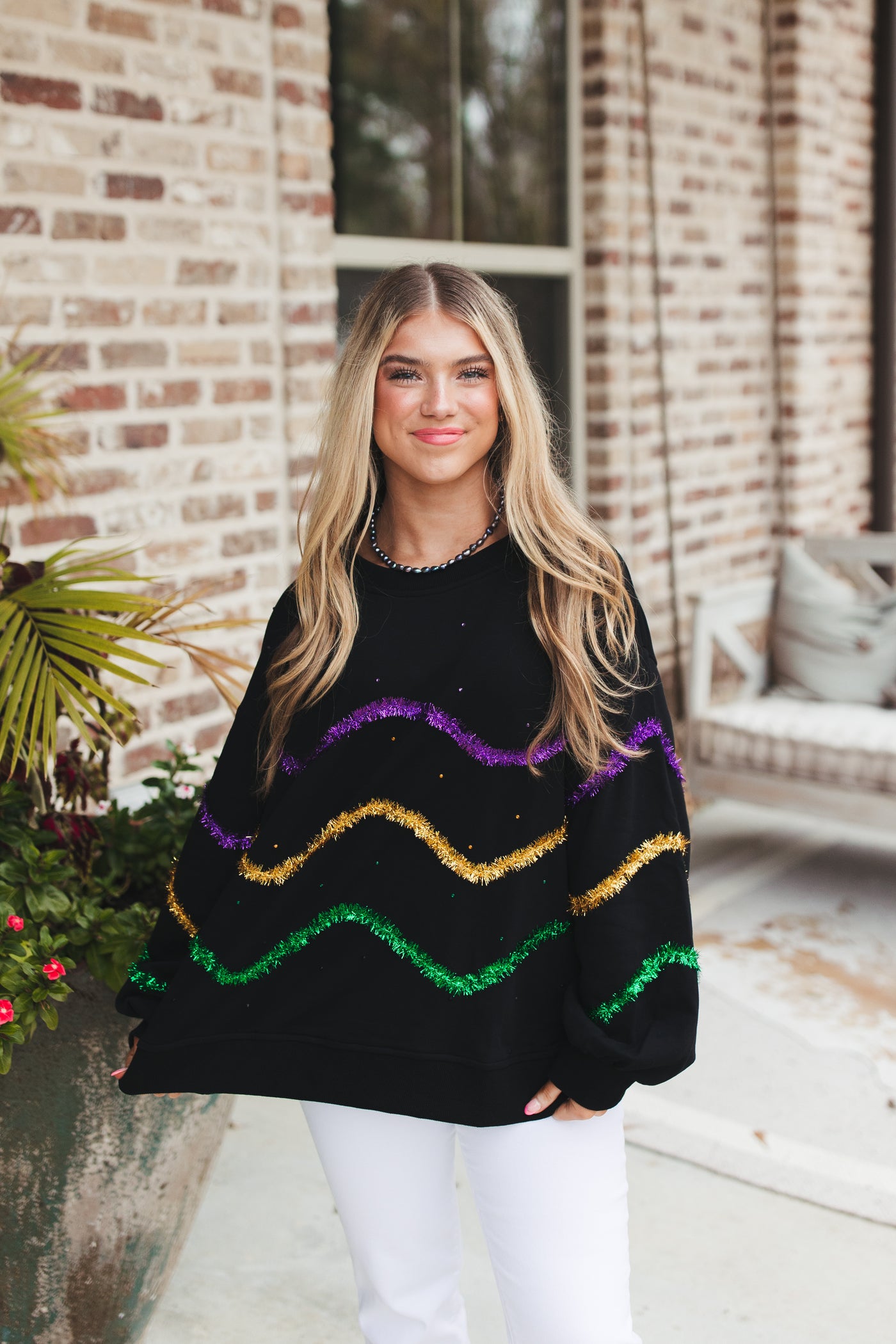 Black Mardi Gras Tinsel Colorblock Sweatshirt