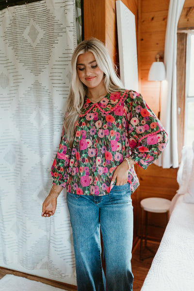 Pink Floral Oversized Collar Top