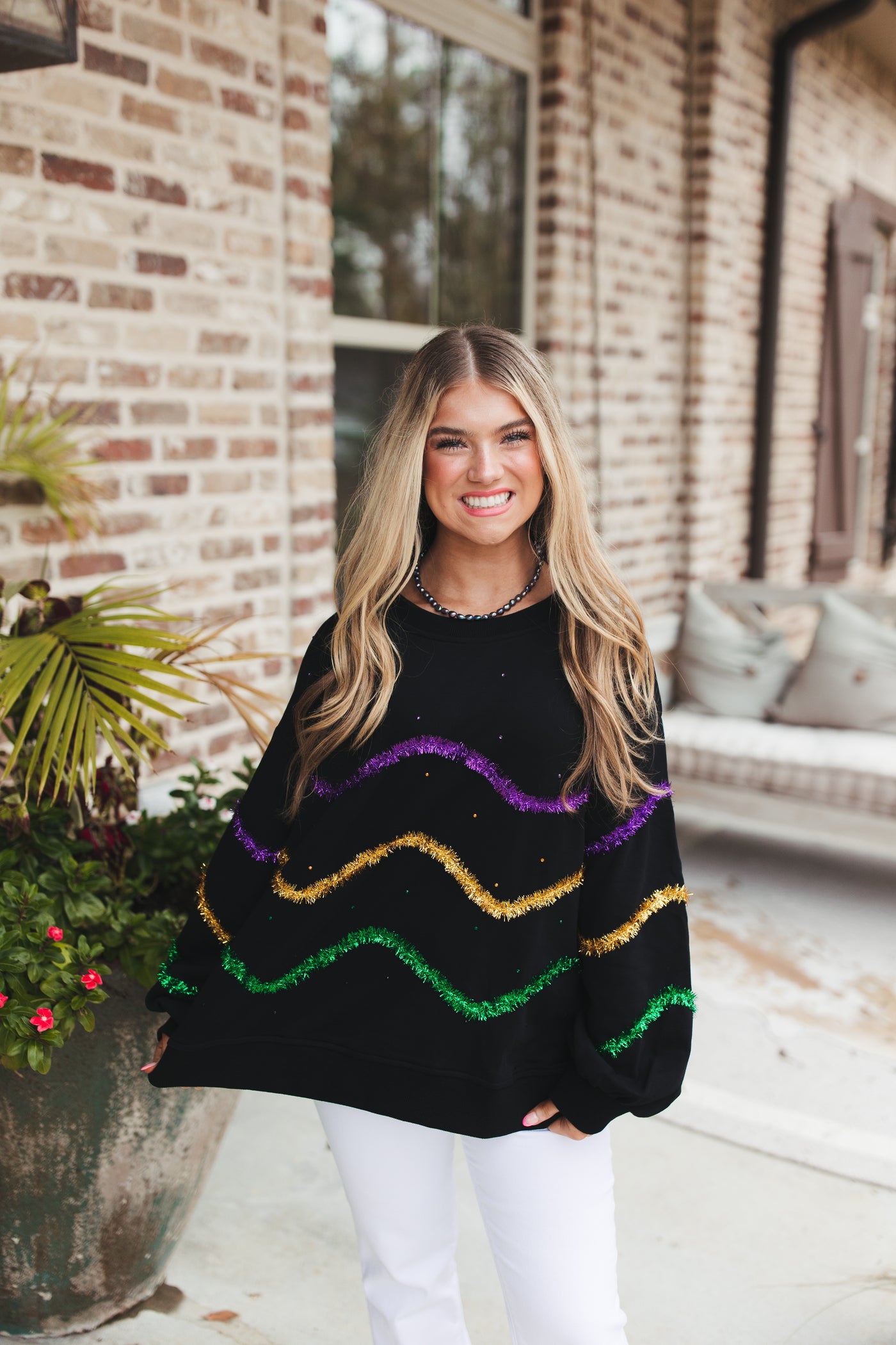 Black Mardi Gras Tinsel Colorblock Sweatshirt