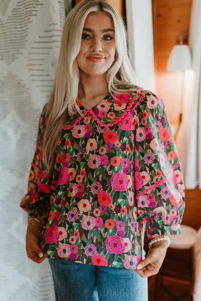 Pink Floral Oversized Collar Top