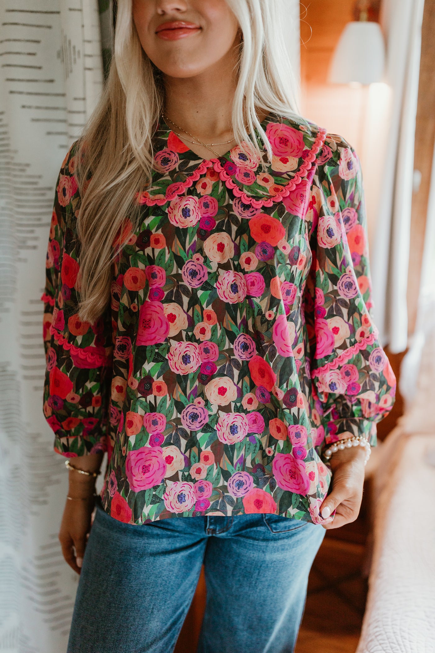 Pink Floral Oversized Collar Top