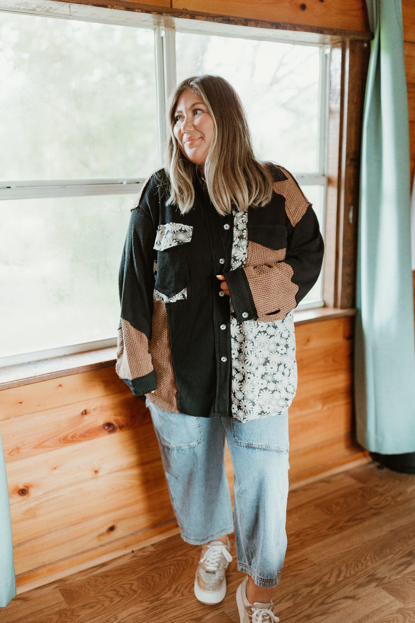 Black Colorblock Floral Button Down Shacket