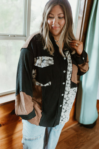 Black Colorblock Floral Button Down Shacket