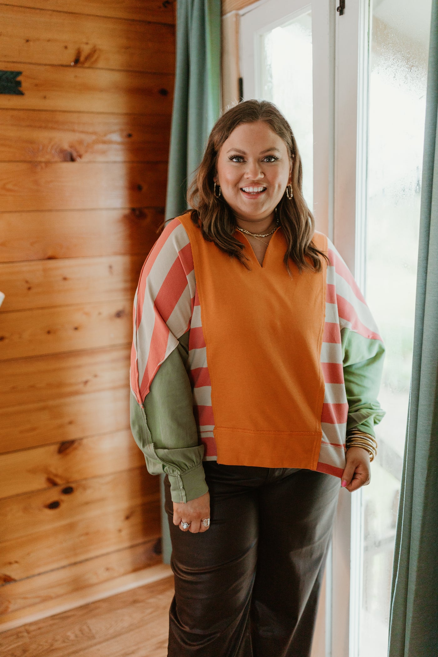 Pumpkin Multi Colorblock Notch Neck Pullover