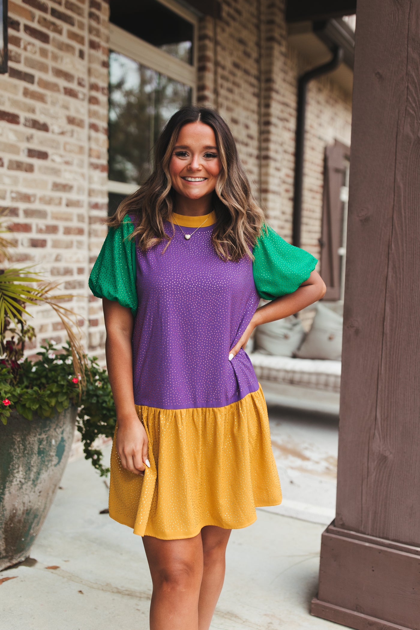 Mardi Gras Colorblock Puff Sleeve Rhinestone Dress