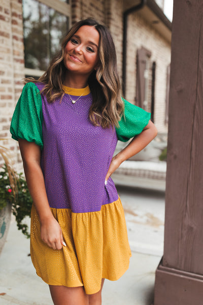 Mardi Gras Colorblock Puff Sleeve Rhinestone Dress