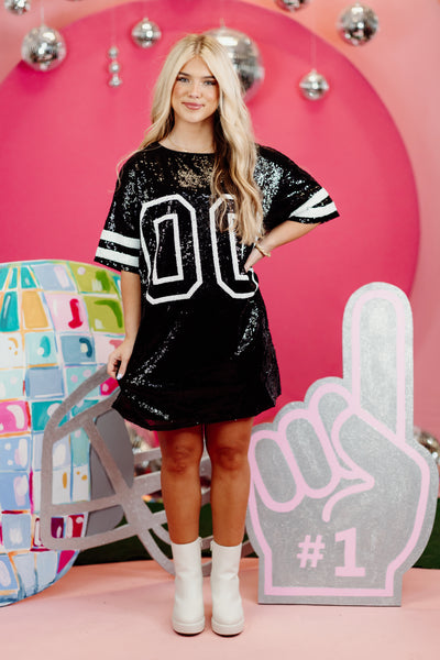 Black Sequin Game Day Jersey Dress