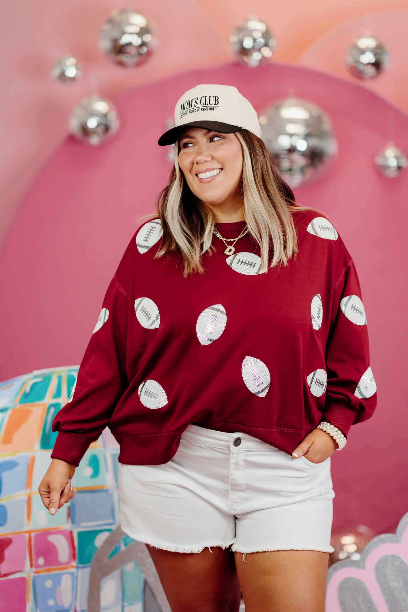 Mary Square Millie Football Sequin Sweatshirt in Maroon/White