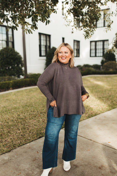 Charcoal Mock Neck Side Slit Oversized Knit Top