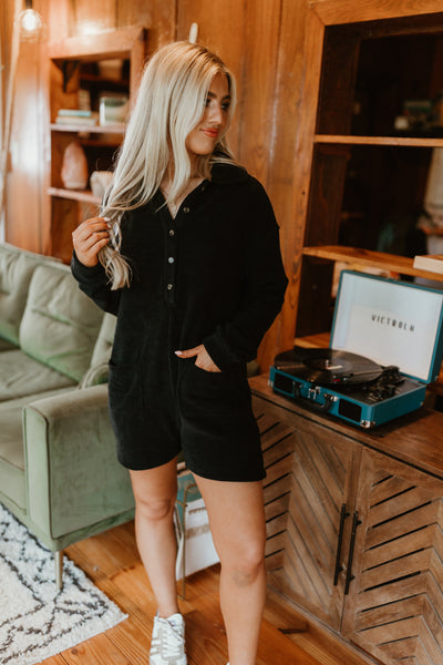 Black Collared Half Button Romper