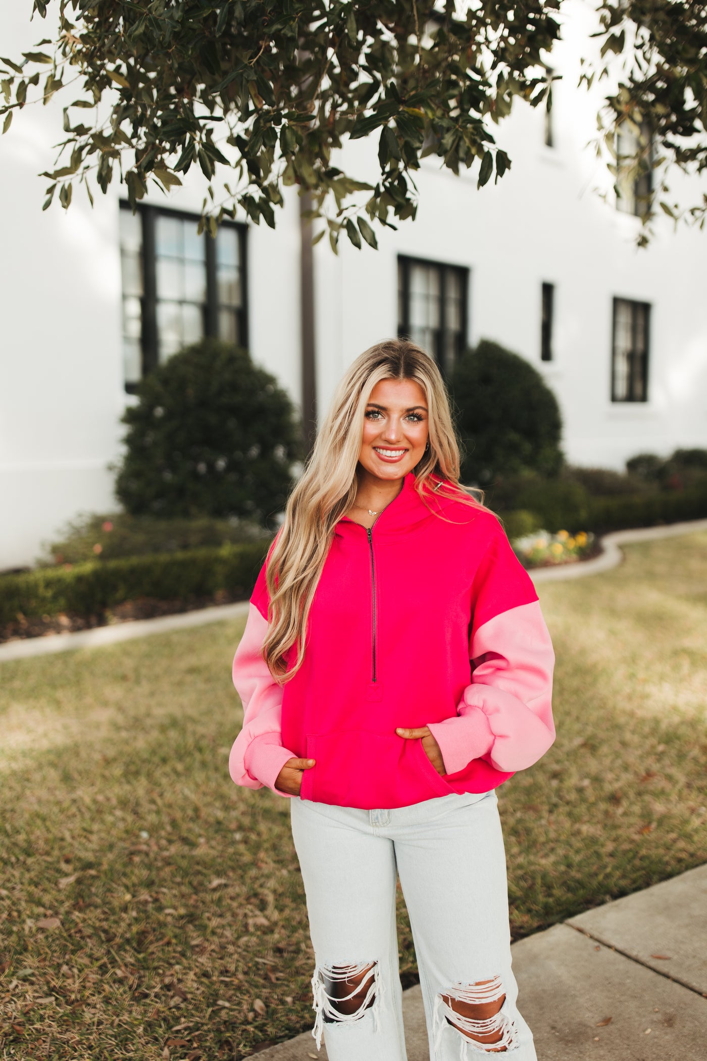 Fuchsia Multi Colorblock Half Zip Hoodie