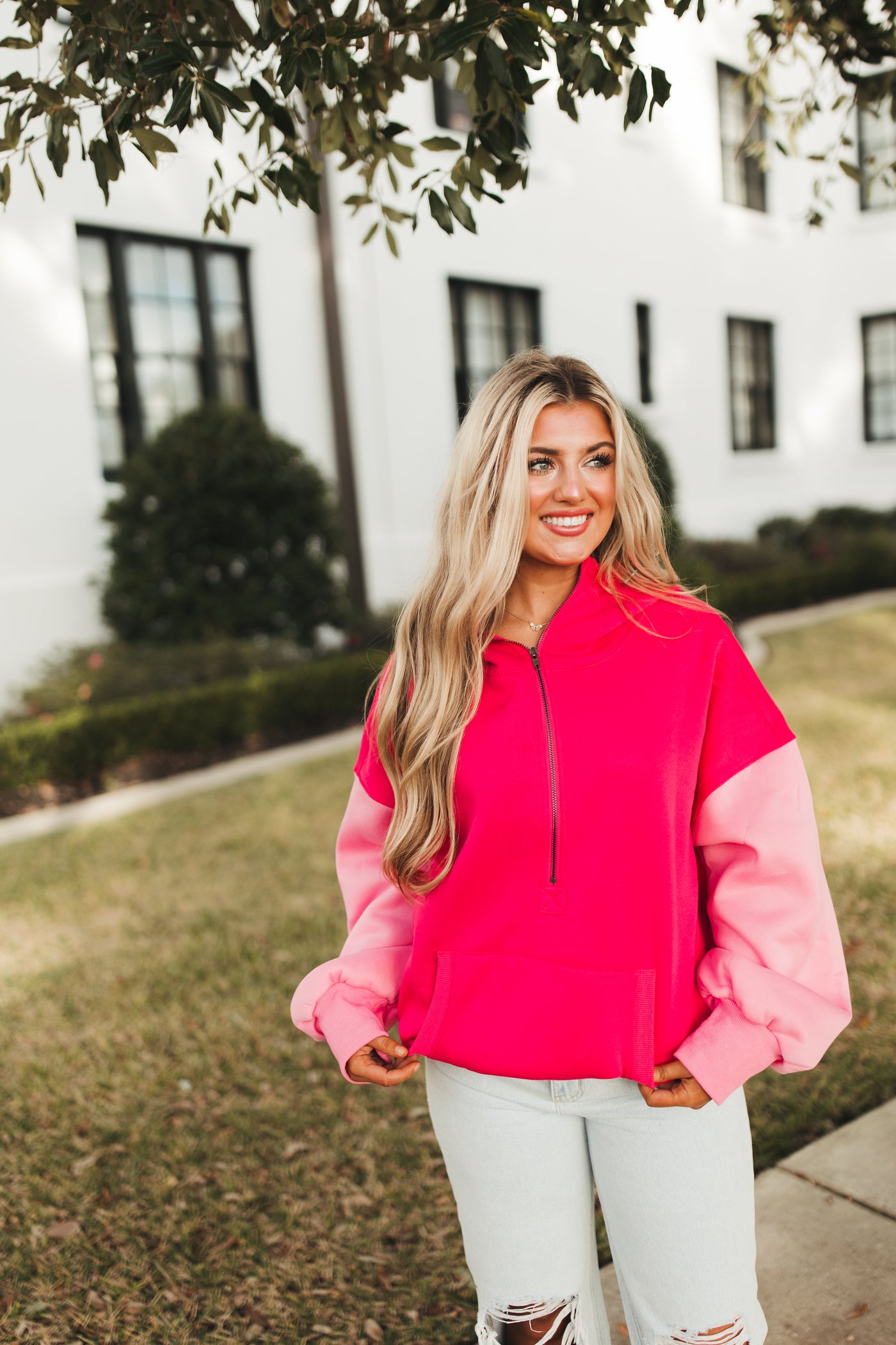 Fuchsia Multi Colorblock Half Zip Hoodie