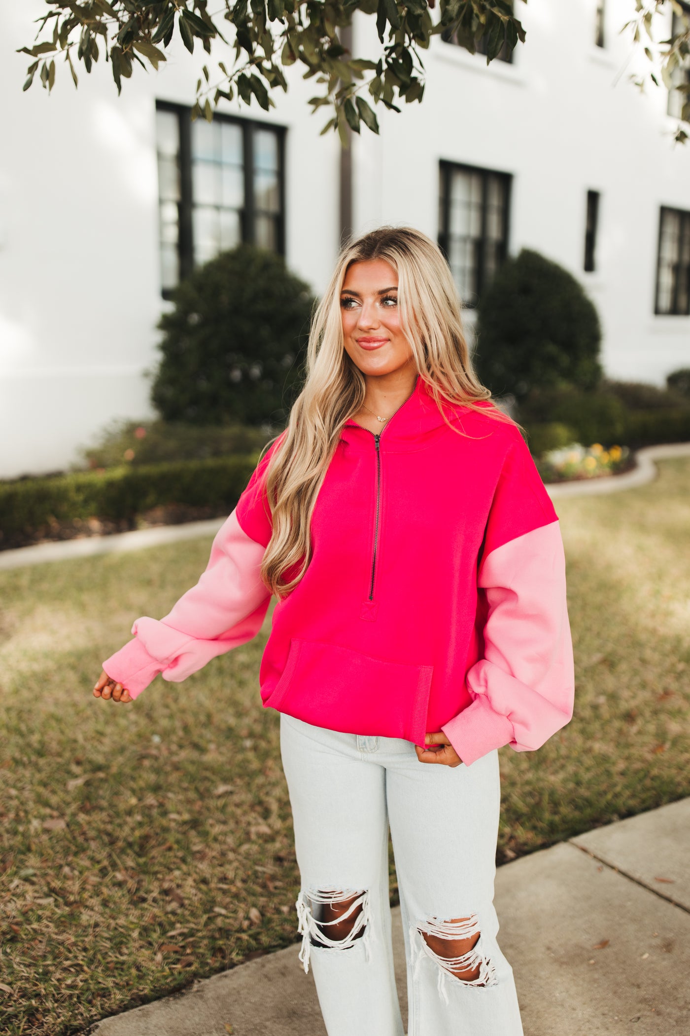 Fuchsia Multi Colorblock Half Zip Hoodie