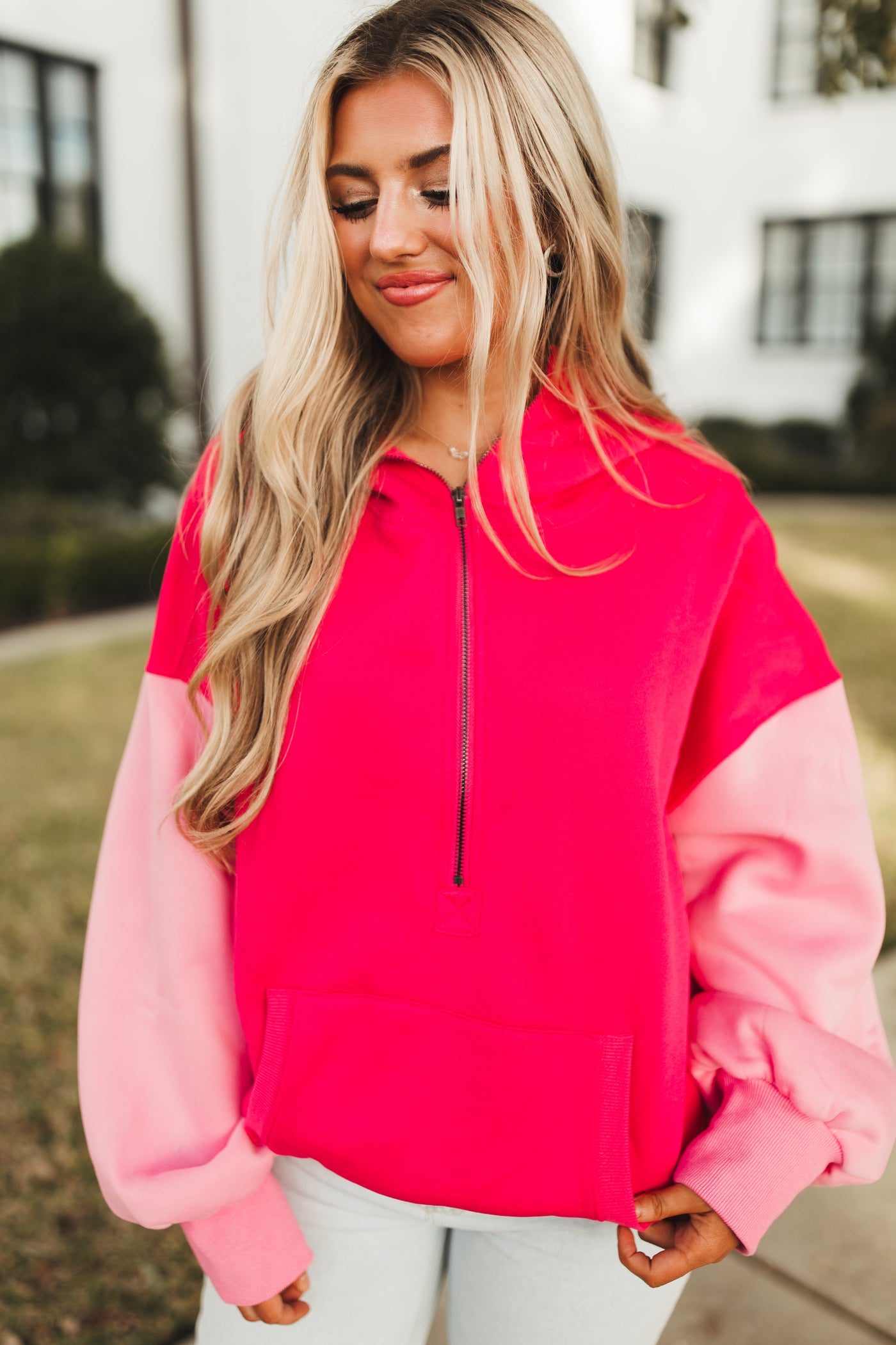 Fuchsia Multi Colorblock Half Zip Hoodie