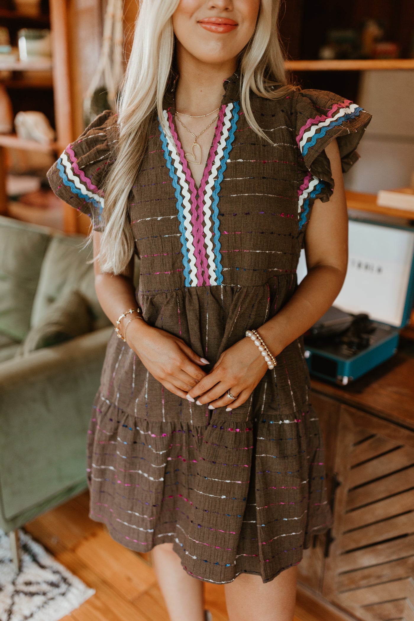 Brown Multi Textured Flutter Sleeve Mini Dress