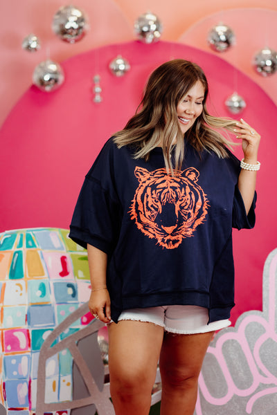 Navy and Orange Sequin Detail Tiger Oversized Top