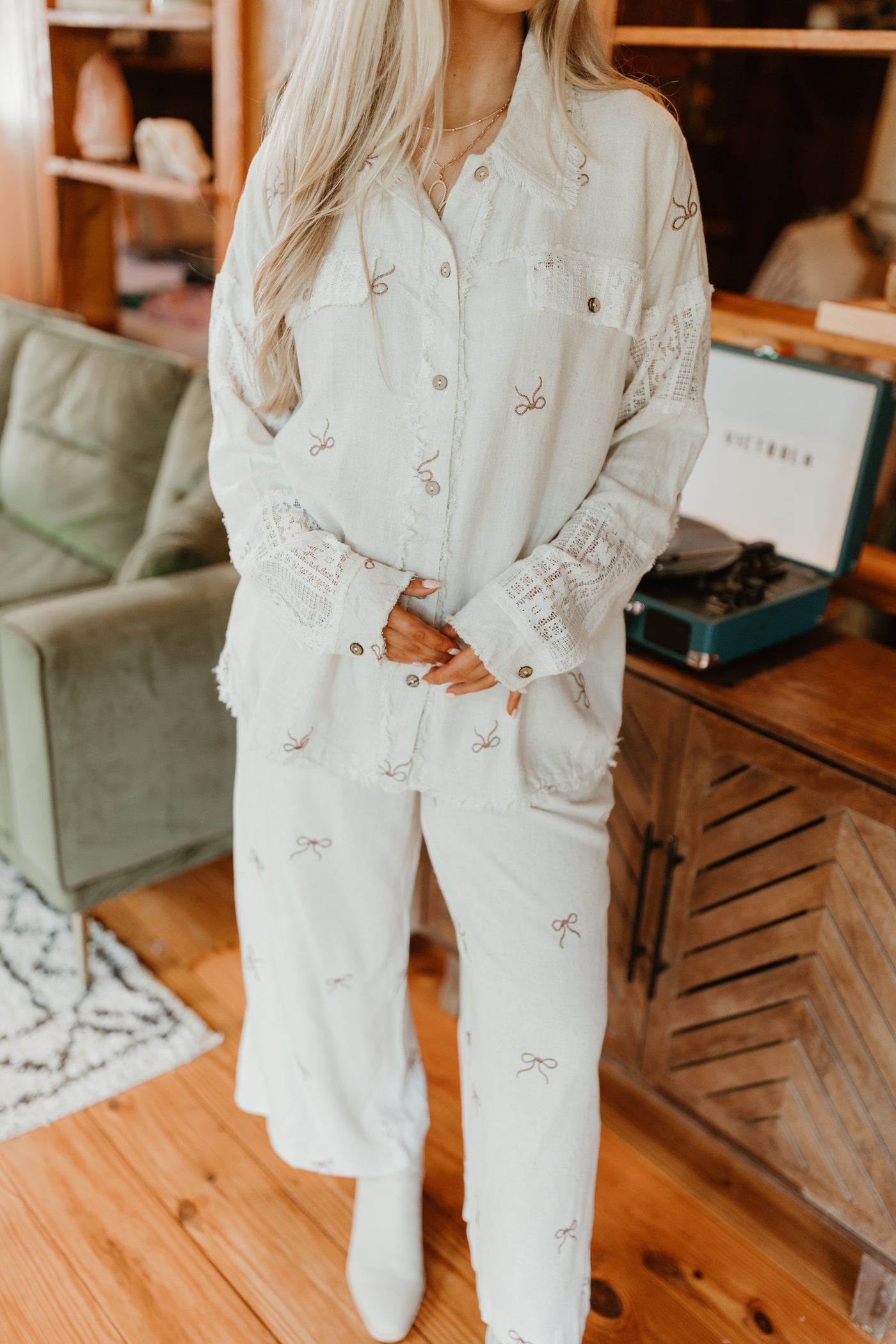 Oatmeal Linen Bow Embroidered Button Down and Pant Set