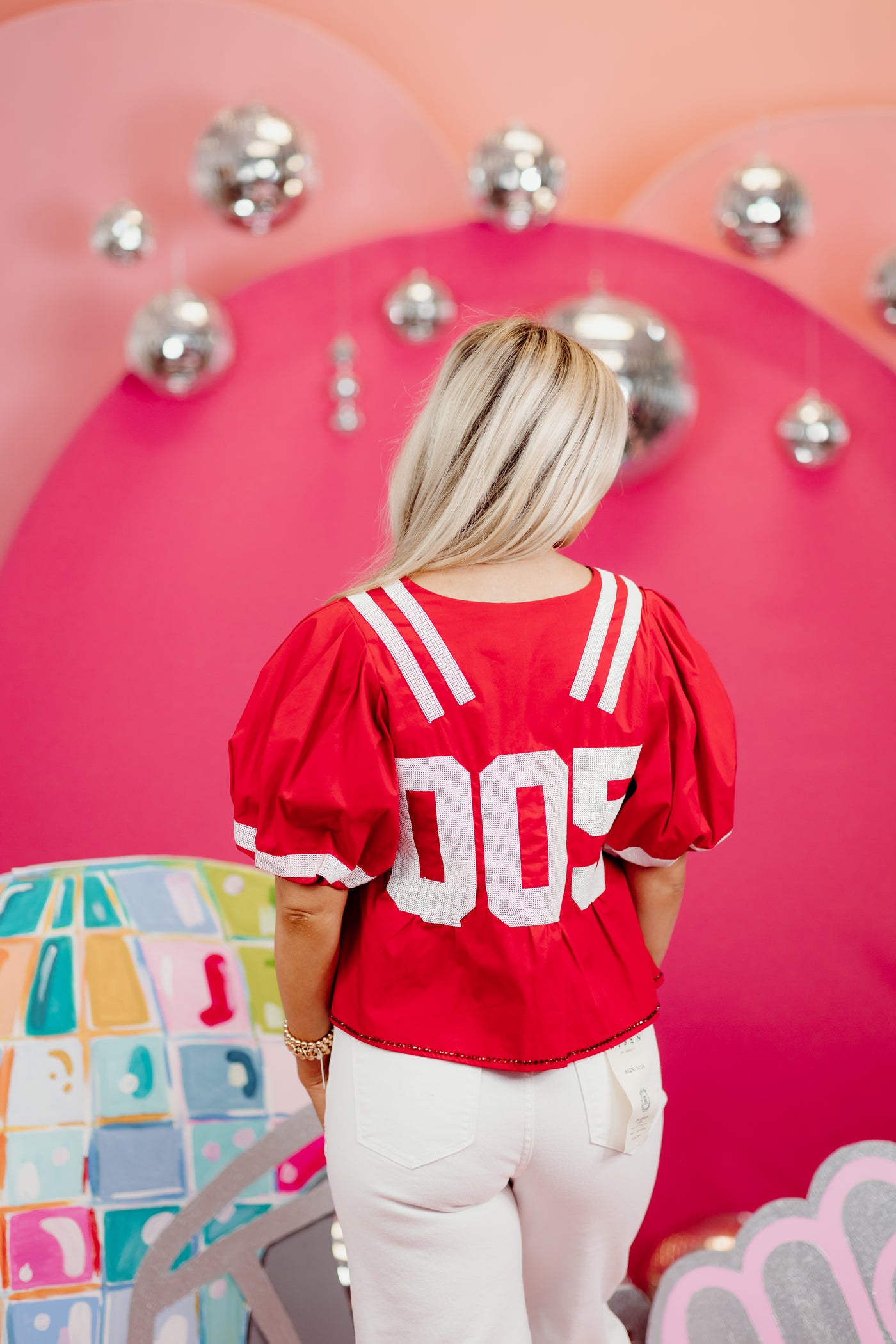 Queen Of Sparkles Red & White Jersey Peplum Top