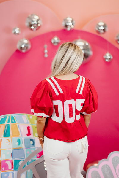 Queen Of Sparkles Red & White Jersey Peplum Top