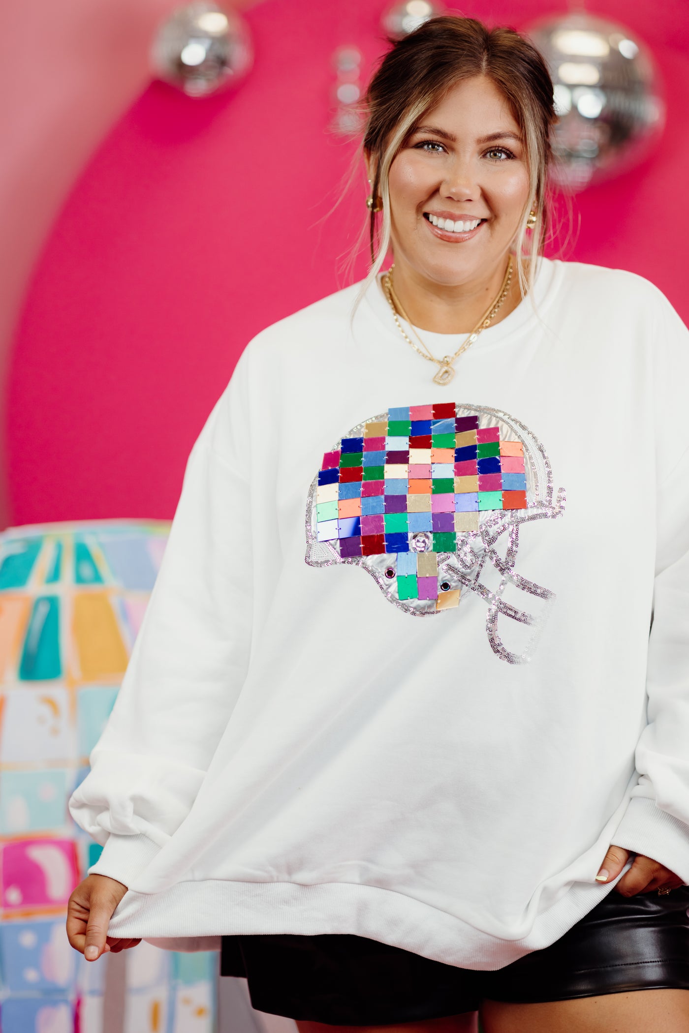 Queen Of Sparkles White and Rainbow Mirror Helmet Sweatshirt