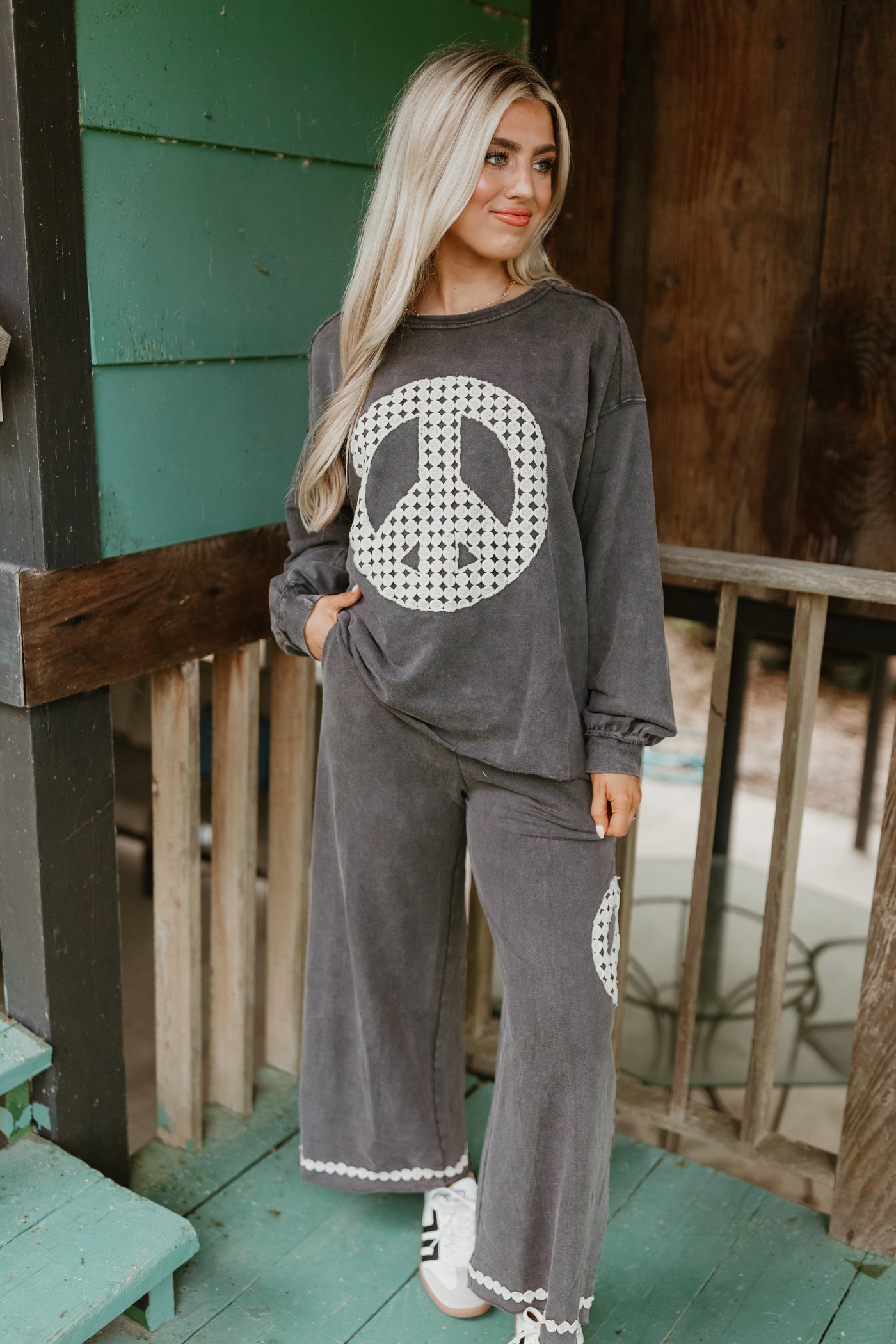 Charcoal Washed Peace Embroidered Terry Pullover and Pant Set