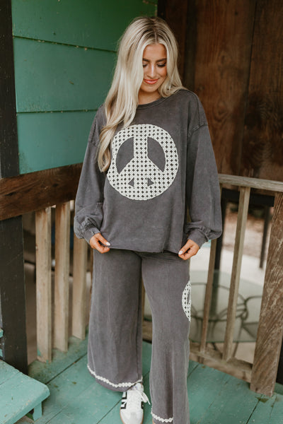 Charcoal Washed Peace Embroidered Terry Pullover and Pant Set