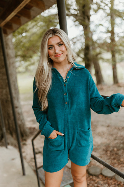 Dark Teal Collared Half Button Romper