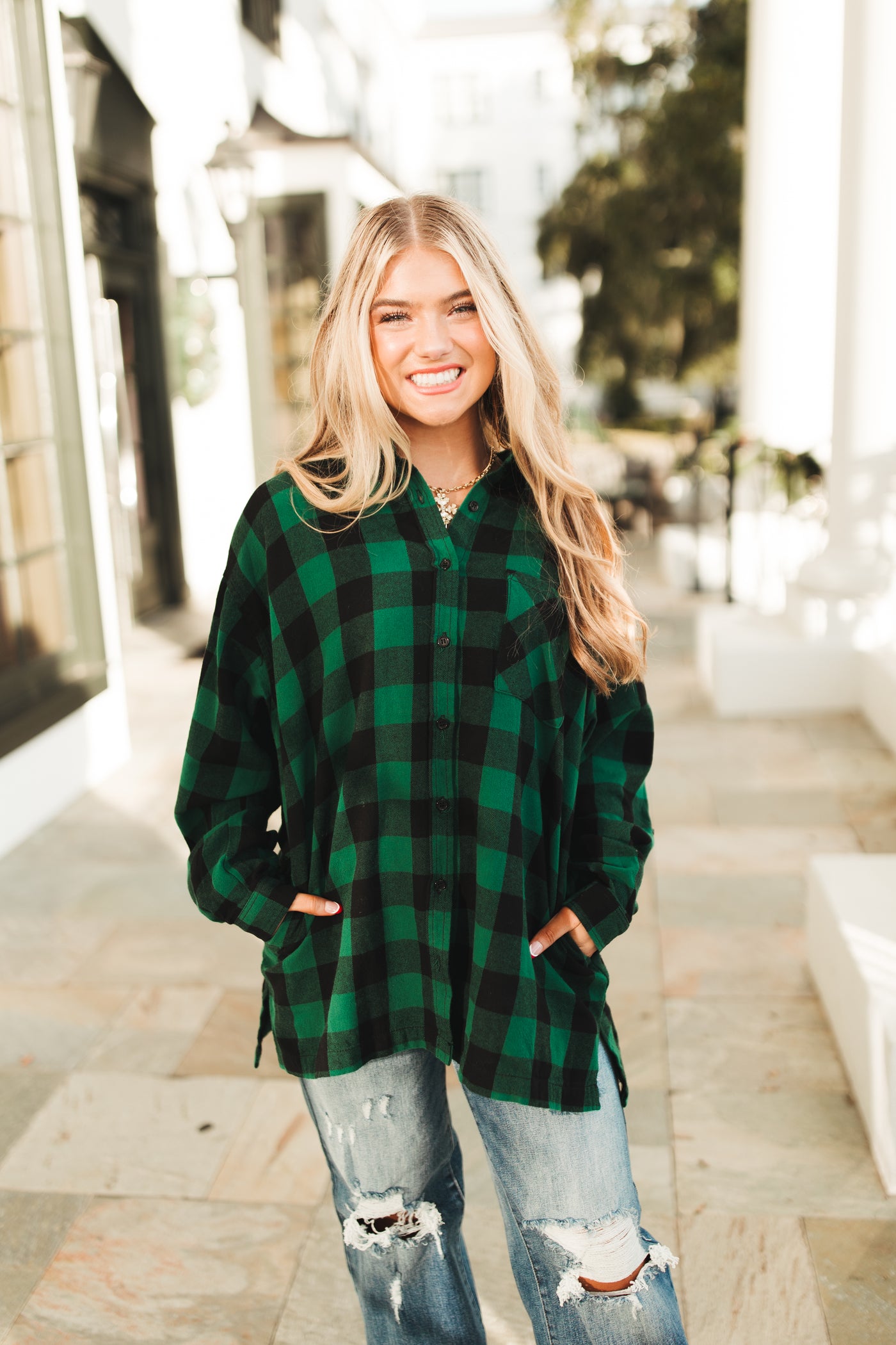 Green Plaid Oversized Button Down Flannel