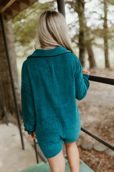 Dark Teal Collared Half Button Romper