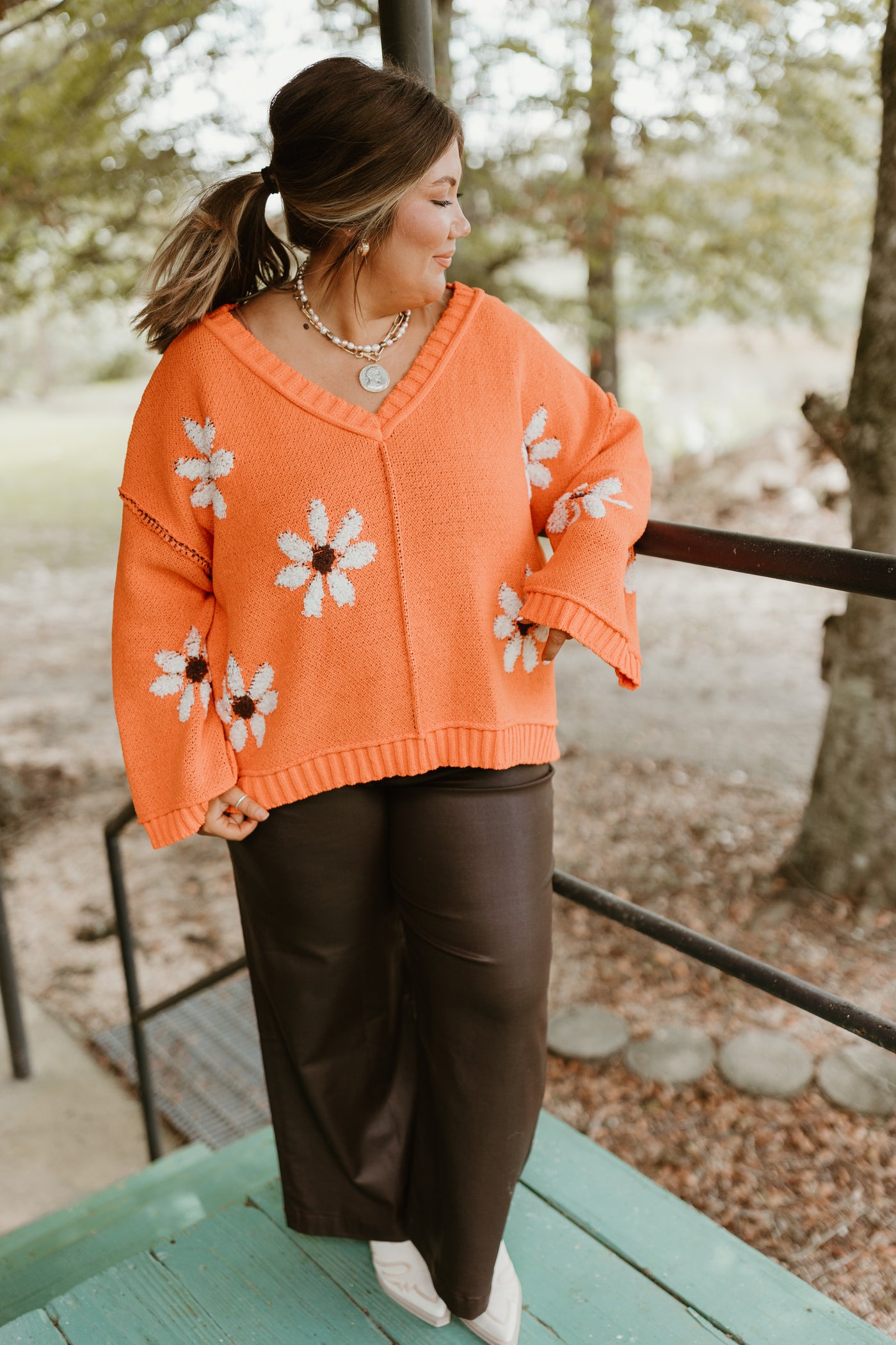 Orange Floral Knit Oversized Sweater