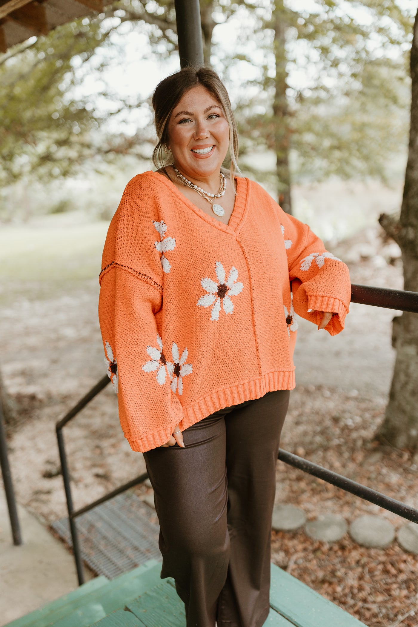 Orange Floral Knit Oversized Sweater