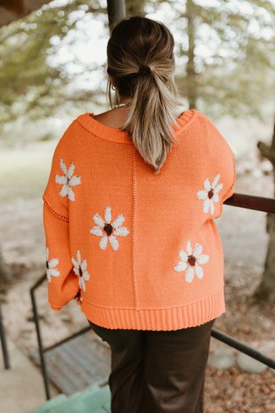 Orange Floral Knit Oversized Sweater