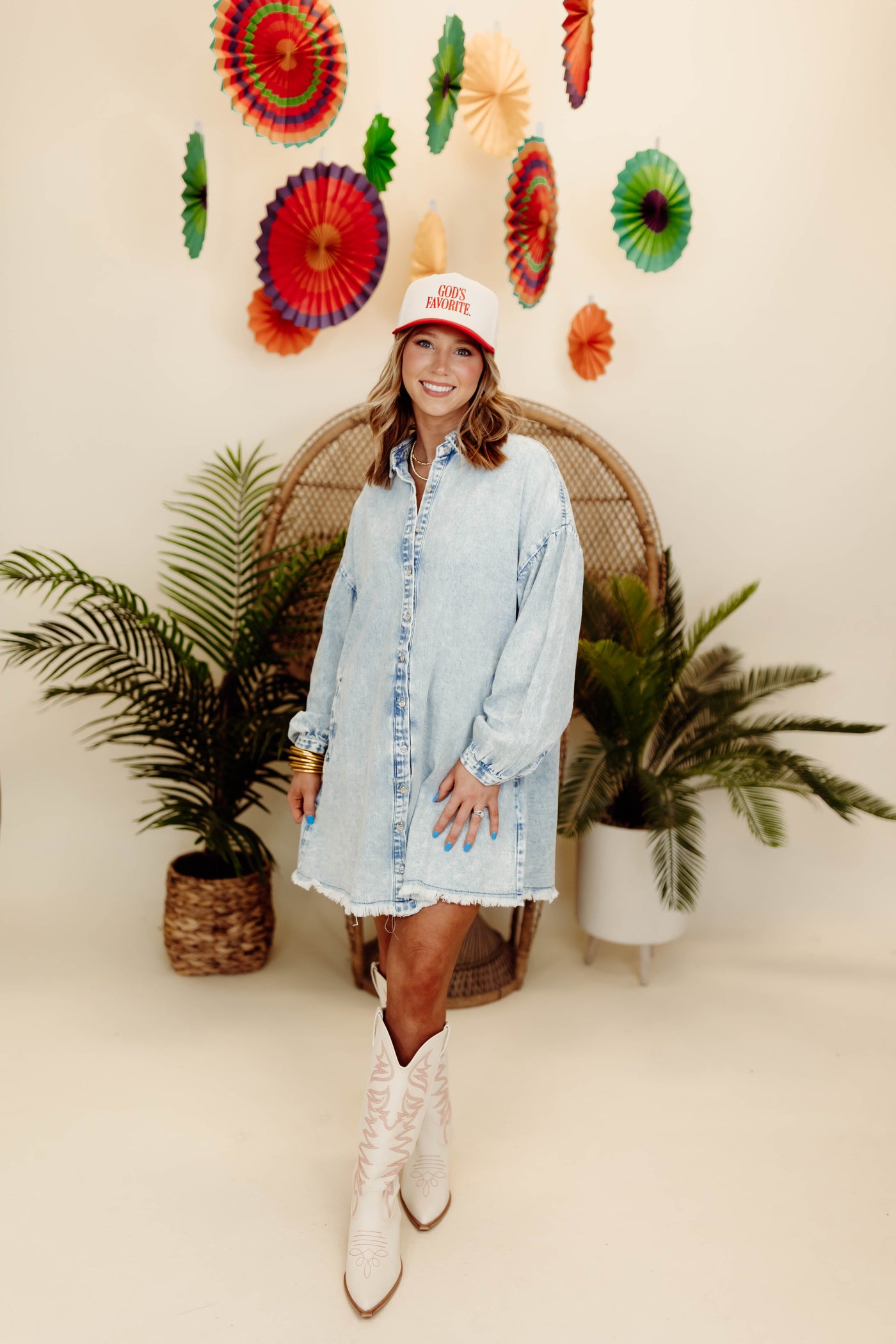 Acid Wash Light Denim Puff Sleeve Button Down Dress