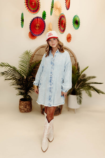 Acid Wash Light Denim Puff Sleeve Button Down Dress