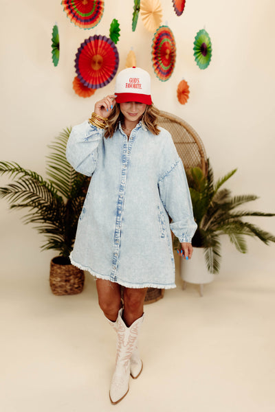 Acid Wash Light Denim Puff Sleeve Button Down Dress