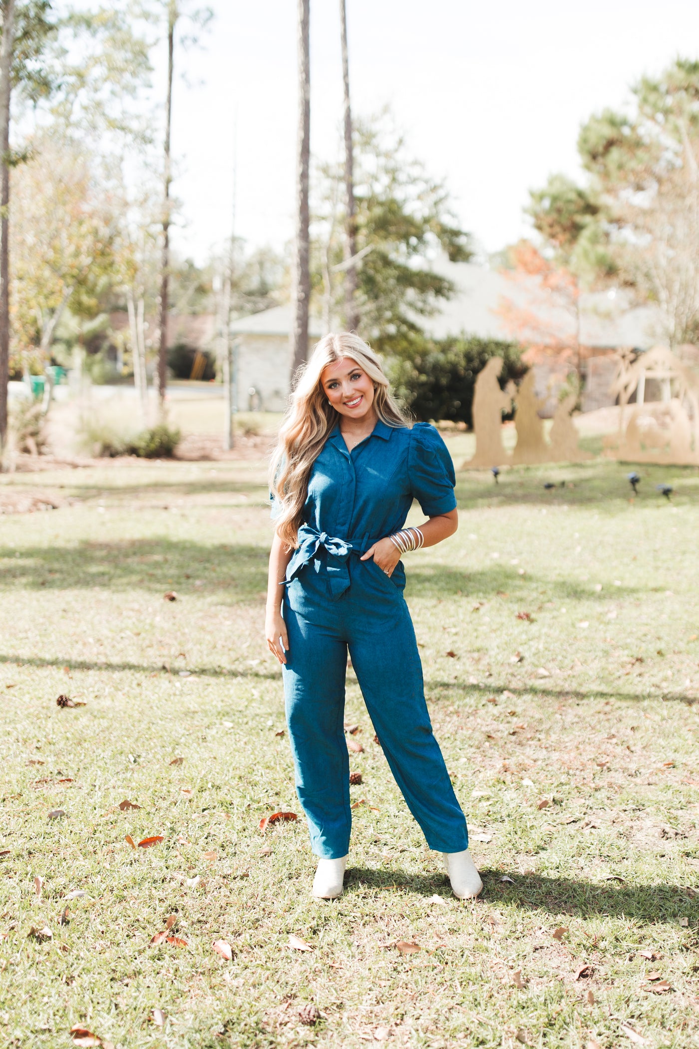 Forest Corduroy Belted Puff Sleeve Jumpsuit