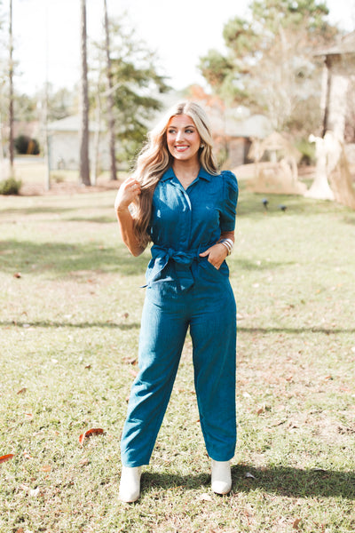 Forest Corduroy Belted Puff Sleeve Jumpsuit