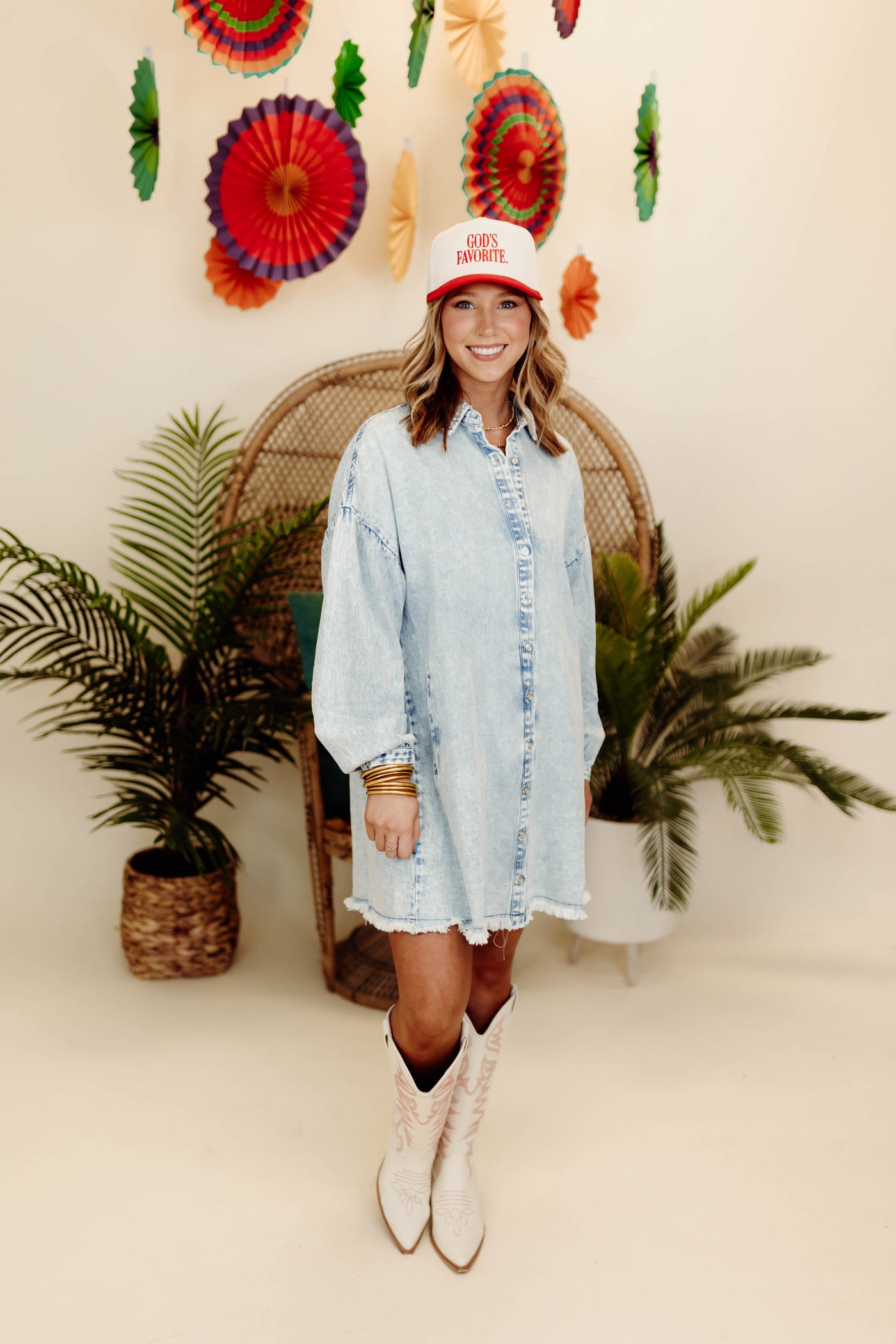 Acid Wash Light Denim Puff Sleeve Button Down Dress