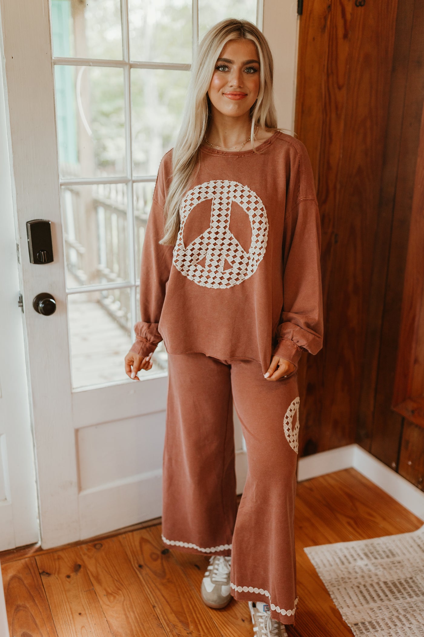 Red Brown Washed Peace Embroidered Terry Pullover and Pant Set