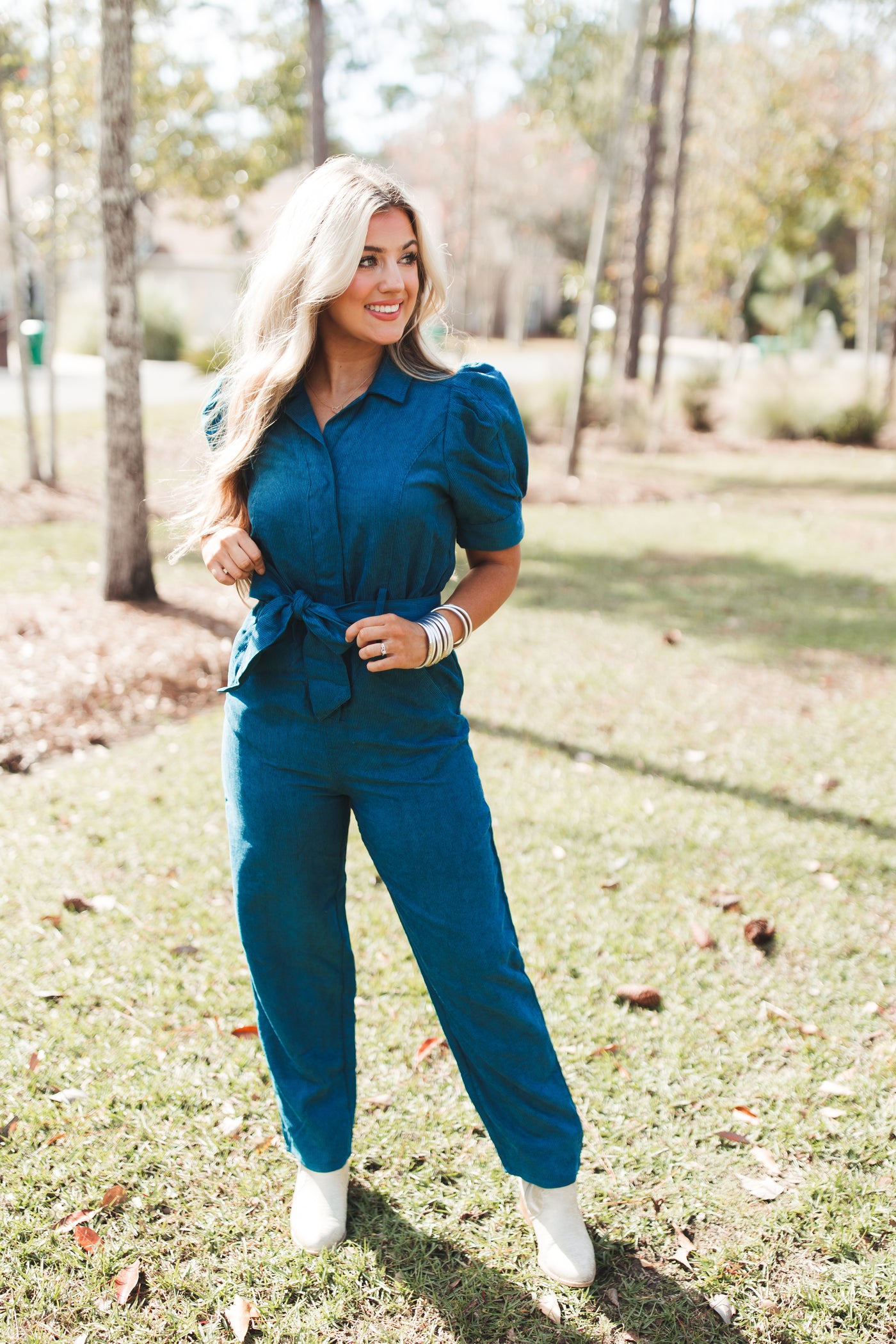 Forest Corduroy Belted Puff Sleeve Jumpsuit