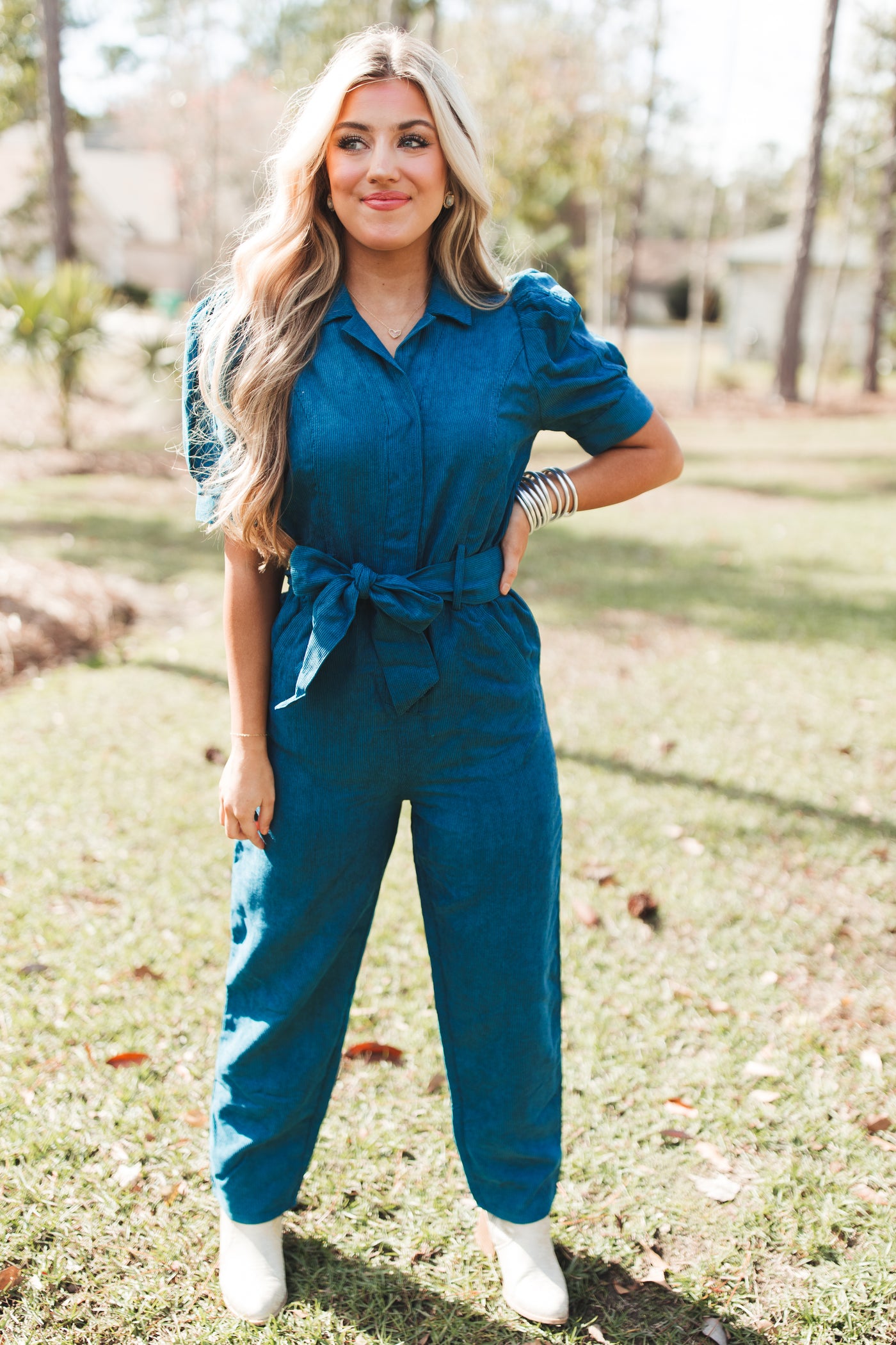 Forest Corduroy Belted Puff Sleeve Jumpsuit