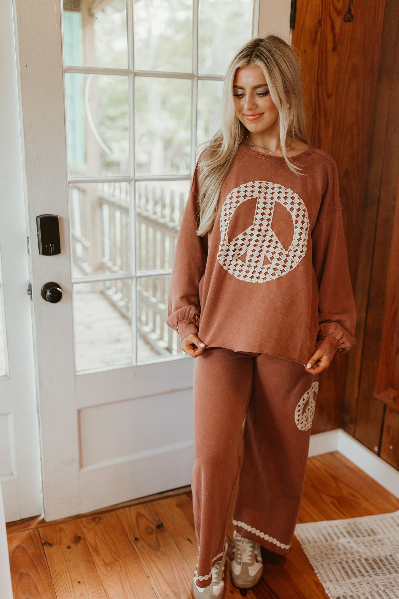 Red Brown Washed Peace Embroidered Terry Pullover and Pant Set