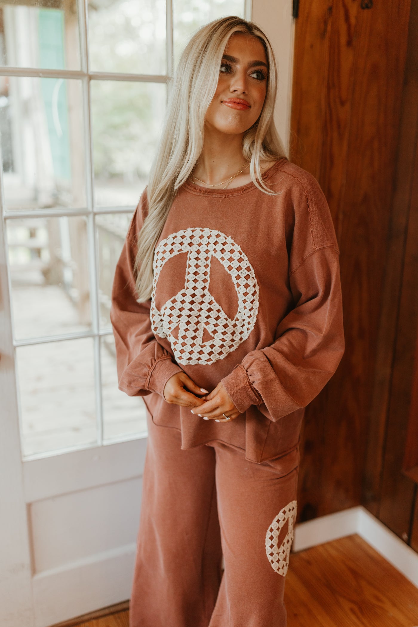 Red Brown Washed Peace Embroidered Terry Pullover and Pant Set