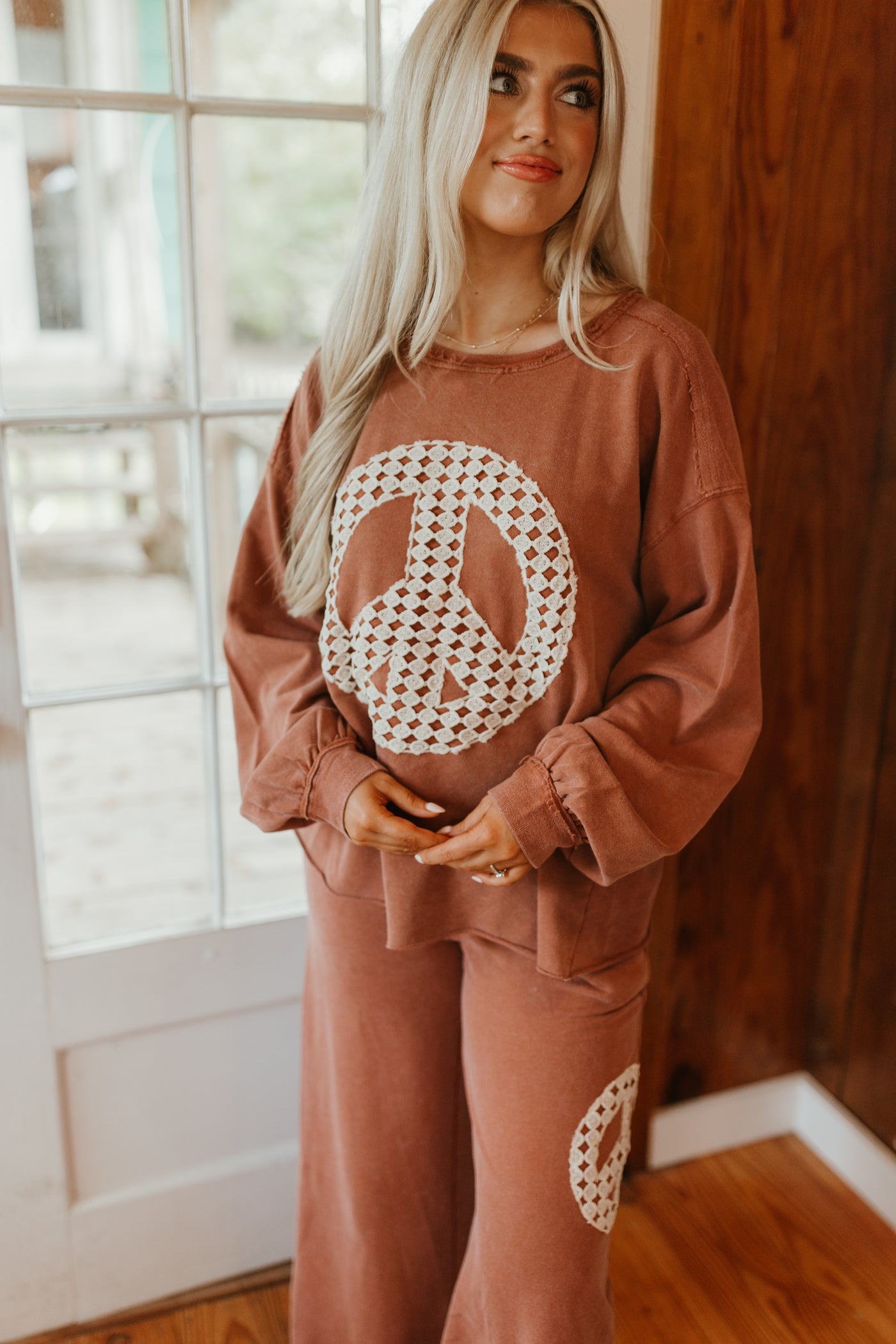 Red Brown Washed Peace Embroidered Terry Pullover and Pant Set